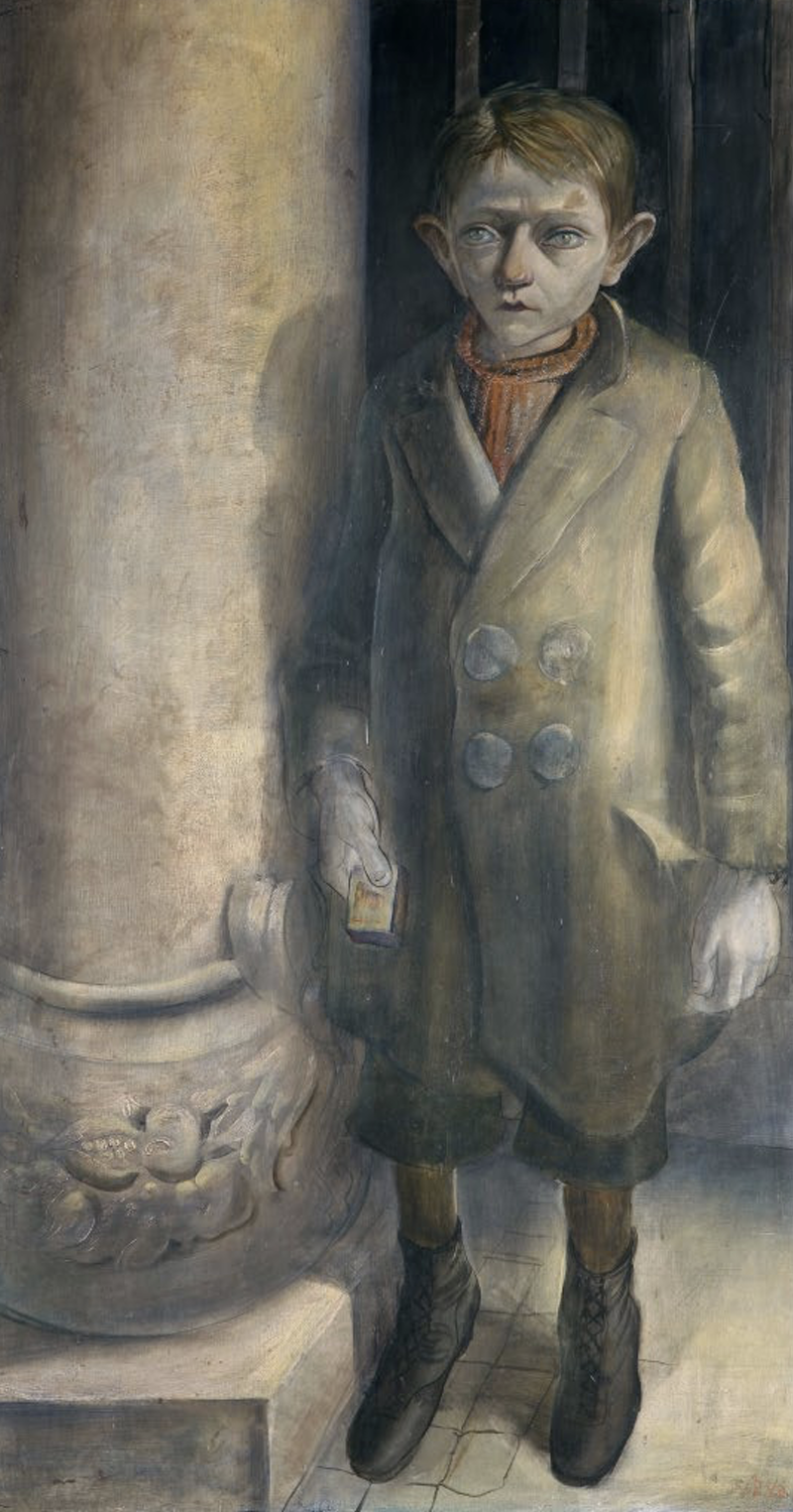 Gemälde eines blassen Jungen im Mantel, der eine Streichholzschachtel hält, neben einer Säule stehend.